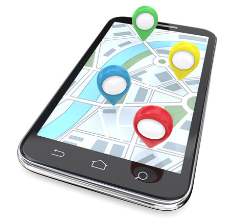 Mobile GPS Pointers. Smartphone with GPS pointers on Screen Display Map. Top View. 3D render.の写真素材