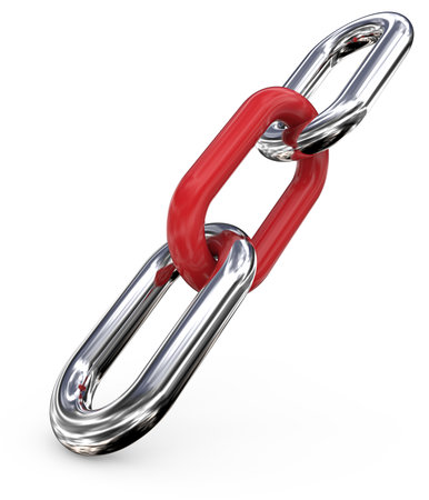 Agent, middle man. Three Chain Links angled on floor. Steel with middle Red. 3d Render.の写真素材