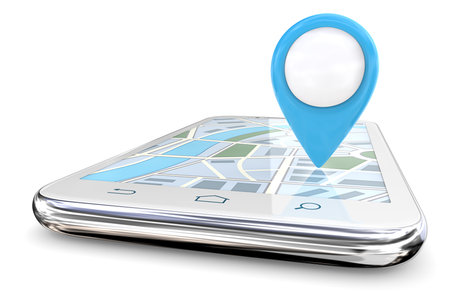 Blue GPS pointer and Smartphone. White Smartphone with Large Blue GPS pointer on Screen Map. Copy Space, 3D render.の写真素材