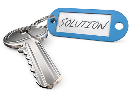 Key to Solution. Modern Steel Key and blue plastic Tag label with the text Solution. 3D render.の写真素材