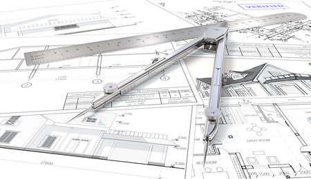 House planning. Architectural blueprints, drawings and sketches. Ruler and Divider of metal. 3D render.の写真素材