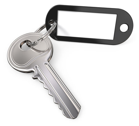Key, Keyring and Tag. Modern Steel Key and Black plastic Tag label. Blank for Copy Space. 3D render.の写真素材