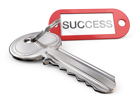 Key to Success. Modern Steel Key and red plastic Tag label with the text SUCCESS. 3D render.の写真素材