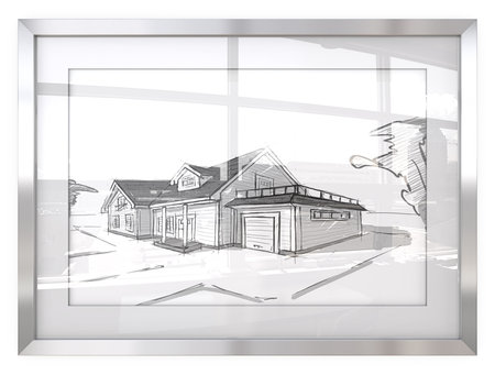 Contrast. Picture Frame with Architectural house sketches.Generic building. Reflective Glass with Cityscape view. 3D render.の写真素材