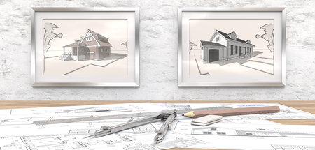 Dream house project. Generic Architectural blueprints on table. 2 Picture Frames on white concrete Wall with house sketches. Ruler, Pencil and Divider of metal. 3D render.の写真素材