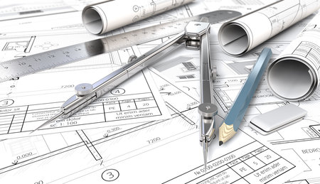 From sketch to blueprint. Architectural house blueprints , drawings and sketches. Rolls, Ruler, Pencil, Eraser and Divider of metal. Shallow depth of field, 3D render.の写真素材