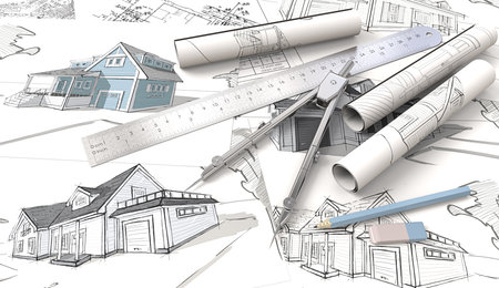 Blue theme Architectural workplace. Top view of Architectural house blueprints , drawings and sketches. Rolls, Ruler, Pencil, Eraser and Divider of metal.3D render.の写真素材