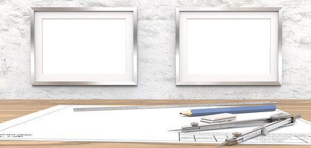 Blank drawings and Frames for copy space. Blank blueprint on table. 2 Blank Picture Frames on white...