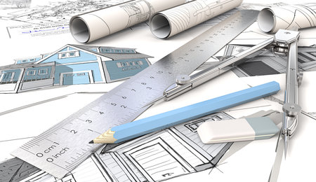 House Design Sketches. Blue Theme Architectural house drawings and sketches. Rolls, Ruler, Pencil, Eraser and Divider of metal. Shallow depth of field, 3D render.の写真素材