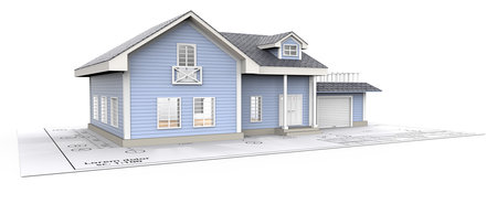 Sample House. Blue Generic House with Light from windows ontop of Blueprint. 3D render.の写真素材