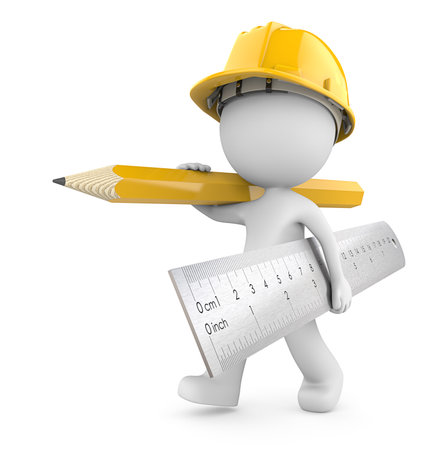 Construction time again. Dude 3D character the Builder carrying large Ruler and Pencil. Yellow theme. 3d Render.の写真素材