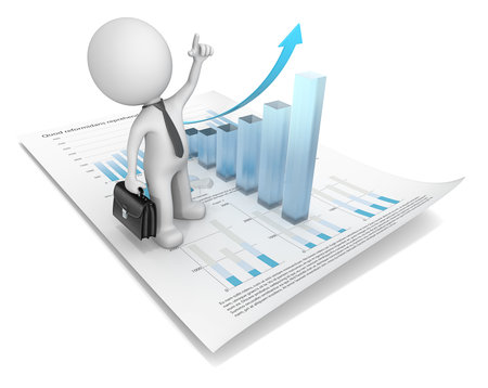 Growth. Dude 3D character pointing up on financial document with 3d graph of frosted glass. 3d Render.の写真素材