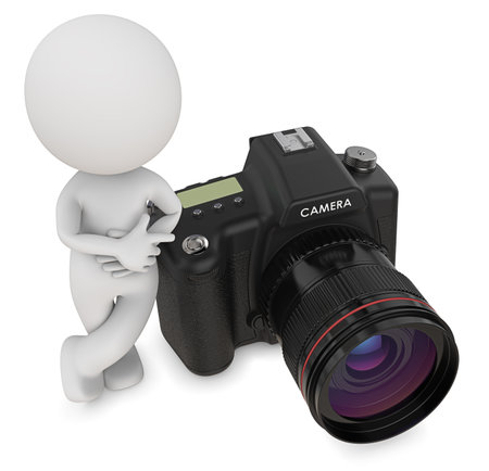 Photographer. Dude 3D character the Photographer next to SLR Camera. Top view, 3d Render.の写真素材