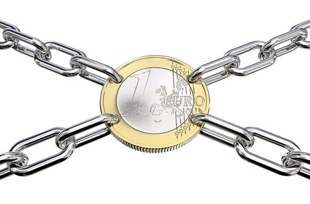 Financial Union. Coin with holes connected with Chain Links in 4 directions.  3d Render.の写真素材