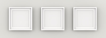 White Picture Frames on Wall. Row of 3 Square White Frames on wall with white Passe-partout. Blank for Copy Space. 3D render.の写真素材
