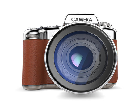 Retro Camera. Non branded SLR camera vintage retro style. Front view. 3D render.の写真素材