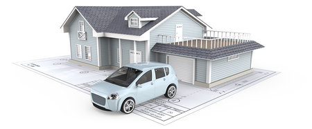 Home. Blue Generic Car and House with Light from windows ontop of Blueprint. 3D render.の写真素材