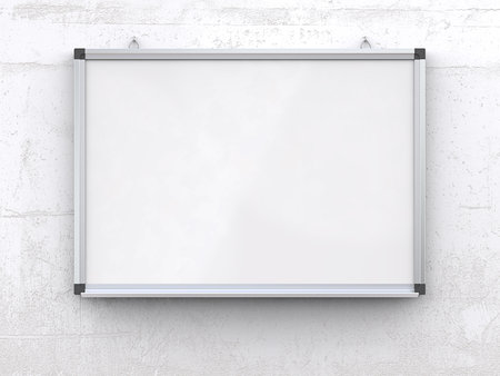 Whiteboard on concrete wall.. Blank Whiteboard on rough white concrete wall. Scratched surface, blank for copy space. 3d render,の写真素材