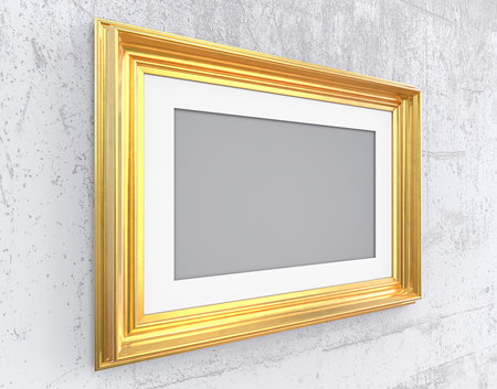 Gold Frame on Conrete wall. Angled Vintage Gold Frame with passe-partout on Angled wall. Rough Concrete. Blank for Copy Space.の写真素材