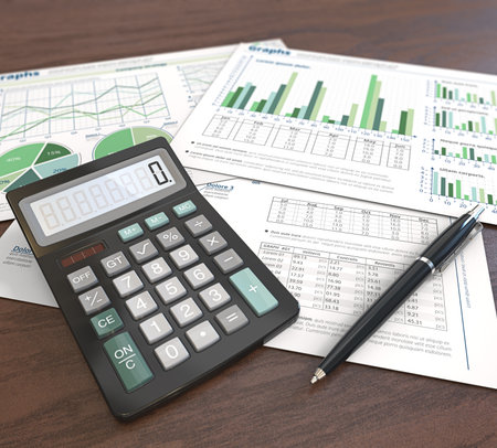 Office Workplace. 3d Illustration of Financial documents, graphs and pie charts on wooden background. Pen and Calculator. Depth of field. Green Theme.の写真素材