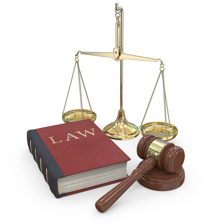 Justice objects. Classic set of Gavel hammer on sound block, Law book and a Scale of justice. 3D render.の写真素材