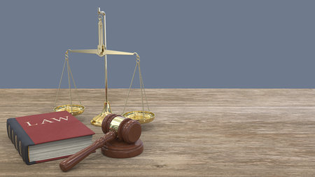 Office of Justice. Panoramic view of Gavel hammer on sound block, Law book and a Scale of justice. Wooden desk. 3D render.の写真素材
