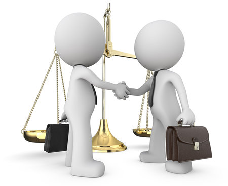 Win Win. Dude 3D characters Business people X 2. Handshake infront of the Scale of Justice. Tie and briefcase. 3D render.の写真素材