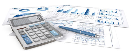 Panoramic view of Fnancial documents. Infographics documents with graphs and pie charts on. Pen and Calculator. Blue theme and panorama. 3d Illustrationの写真素材