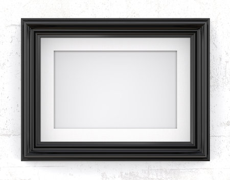 Black Picture Frame. 3D render of Vintage Black Frame with passe-partout on concrete wall. Blank for Copy Space.の写真素材
