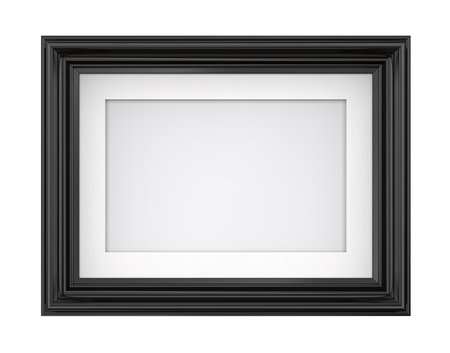 Isolated Black Picture Frame. 3D render of Vintage Black Frame with passe-partout. Blank for Copy Space. Isolated.の写真素材