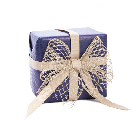 blue gift box with gold ribbon on white backgroundの写真素材