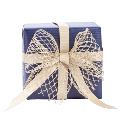 blue gift box with gold ribbon on white backgroundの写真素材