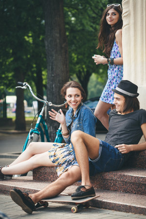 Two women and man communicate with each otherの写真素材