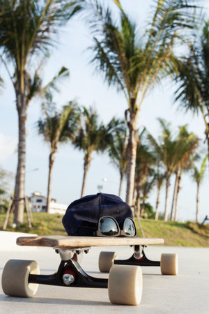Closeup Longboard on the promenade. Outdoorsの写真素材