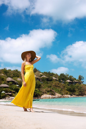 Young beautiful woman wearing straw hat and elegant dress posing standing on beach. Outdoorsの写真素材