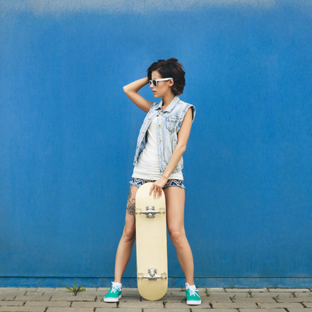 Girl posing with skateboard  Lifestyle outdoor portraitの写真素材