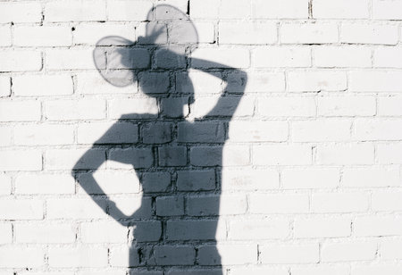 Funky girl fooling around on the brick wall background. の写真素材