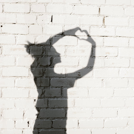 Young woman forming a heart with her hands around on the brick wall background. Photo of shadows of girlの写真素材
