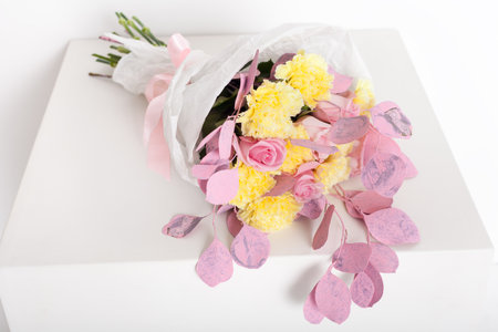 Close up of a flower bouquet on a white backgroundの写真素材