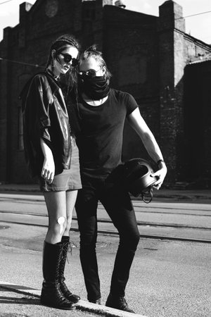 Outdoor lifestyle portrait of loving man and womanの写真素材