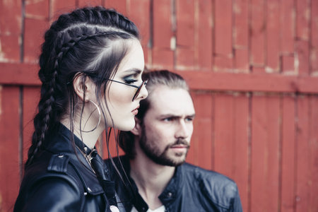 Couple of bikers in love. Outdoor lifestyle portraitの写真素材