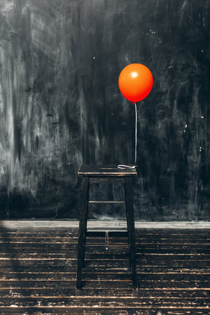 red balloon with chair on the background of black wallの写真素材
