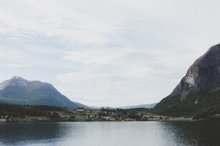 Sunset over fjord in Norwayの写真素材