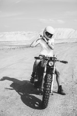 Sexy fashion female biker girl button up motorcycle helmetの写真素材