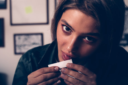 rebel handsome woman licking cigarette paper, preparing to smoke, looking at the cameraの写真素材