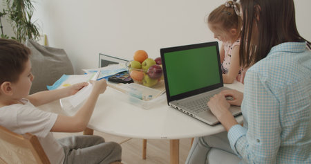 View over head on of caucasian woman working at home. Children play and take lessons on the...