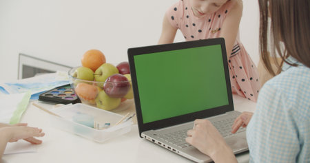 View over head on of caucasian woman working at home. Children play and take lessons on the background. Laptop computer with green screen chroma keyの写真素材