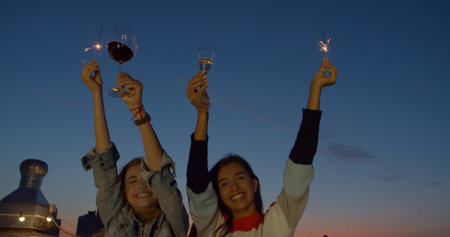 close up of hands of girls holding sparklers . Group of friends celebrating waving sparkler...
