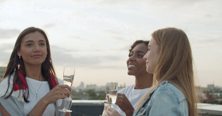 Group of happy friends toasting champagne, wine, beer, juice. Friendship concept with young people having fun together. Rooftop party birthdayの写真素材