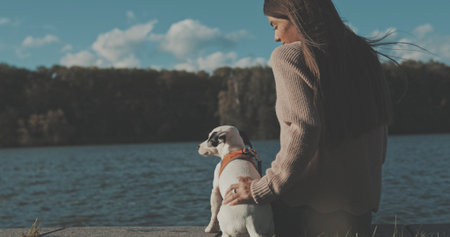 Woman sitting by lake with dogの写真素材